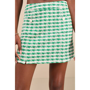 Lulu's XL Poshest Crush Green And Ivory Plaid Lurex Mini Skirt